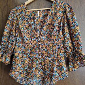 Free People  Autumn Flower Blouse / Top  Size L vibrant color